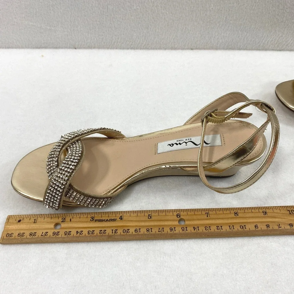 Womens Gold Rhinestone Wedge Sandals Size‎ 6M Metallic Ankle Strap Evening Shoes